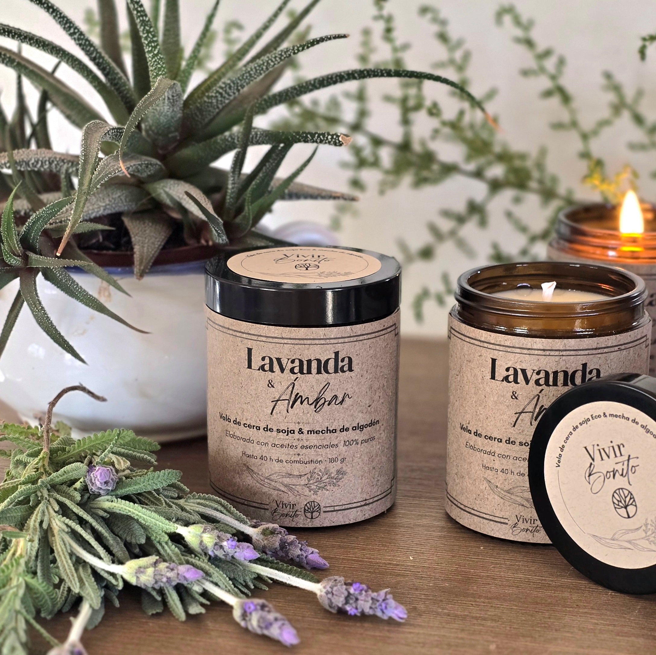Vela de soja Eco · Lavanda & Ámbar · 180g