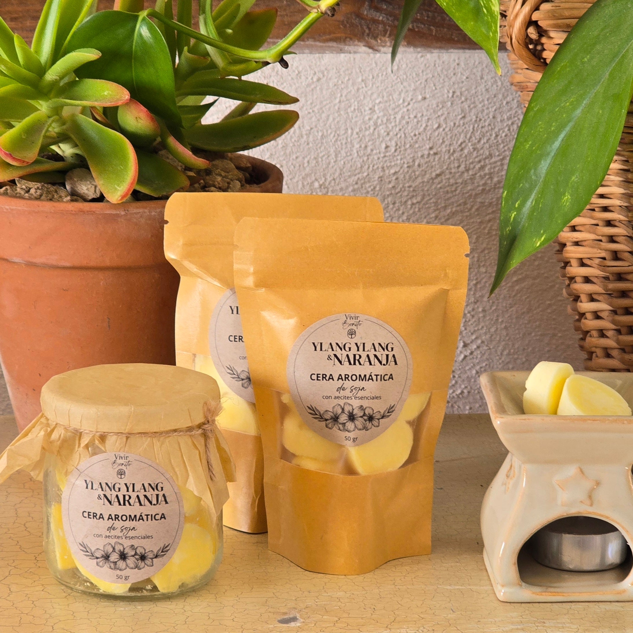 Cera aromática de soja · Ylang Ylang & Naranja · 50 gr
