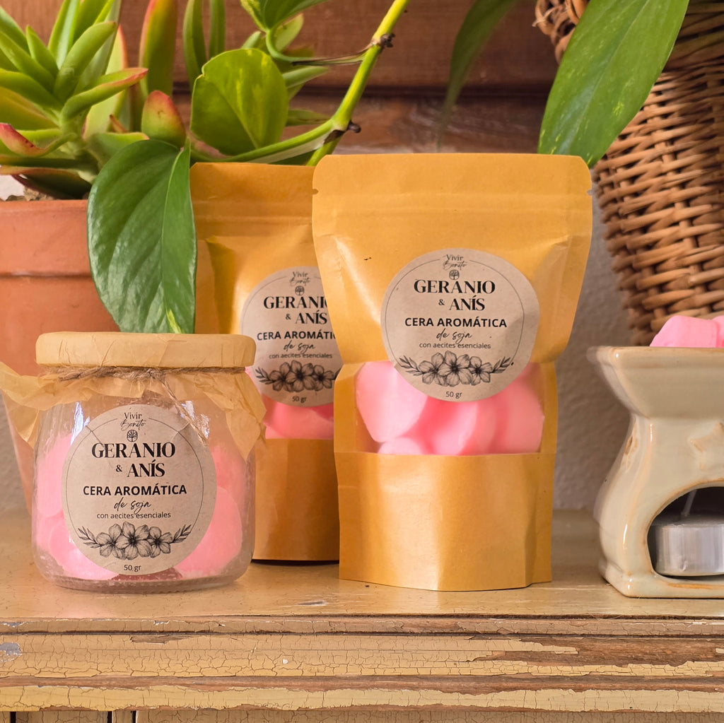 Cera aromática de soja · Geranio & Anís · 50 gr