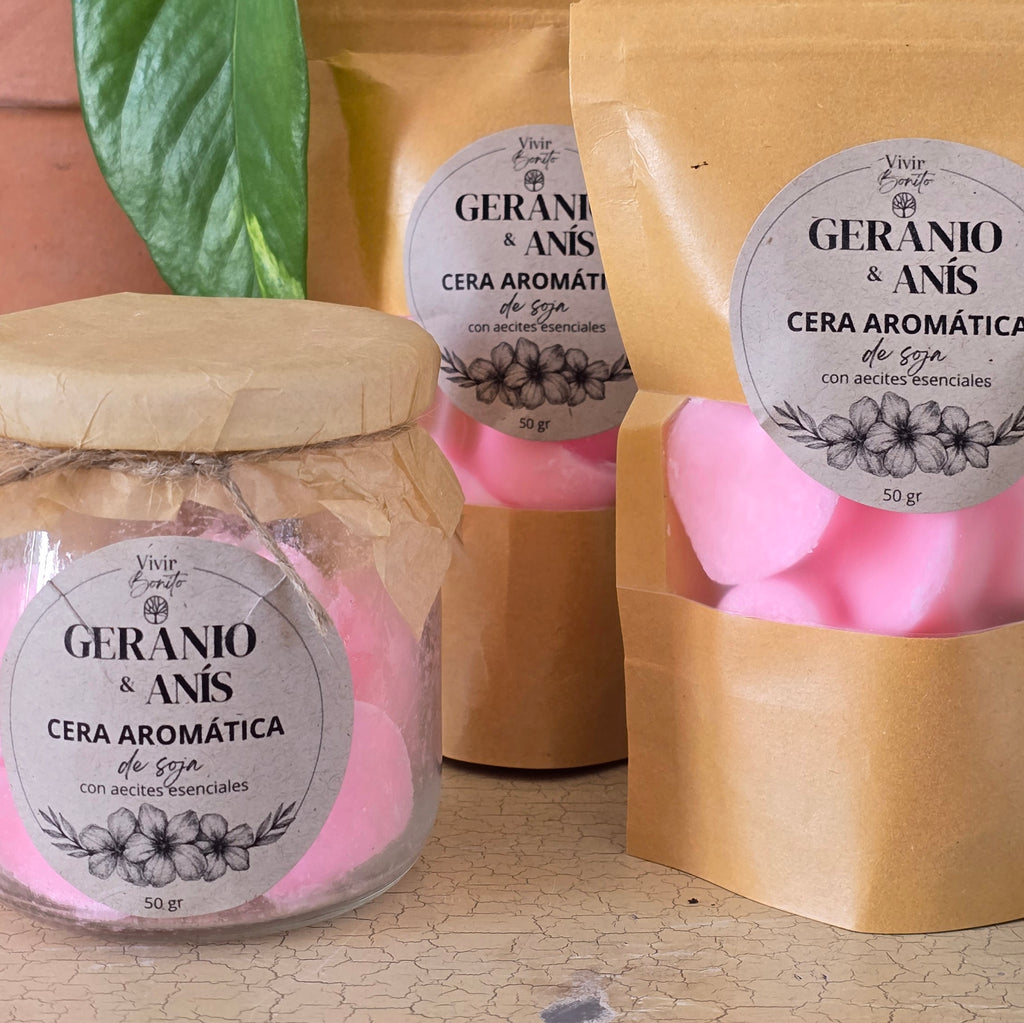 Cera aromática de soja · Geranio & Anís · 50 gr