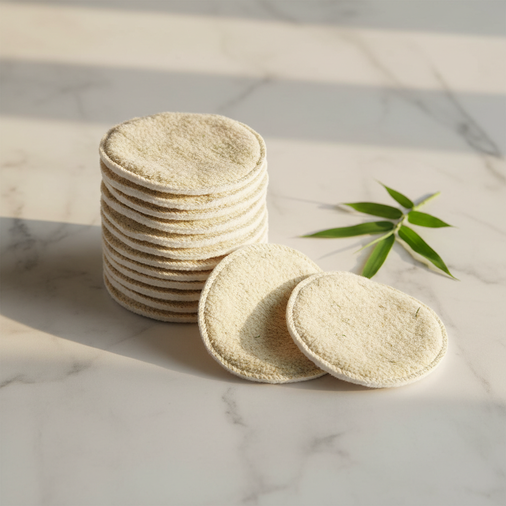 Discos lavables de fibra de bambú apilados sobre mármol blanco con luz natural