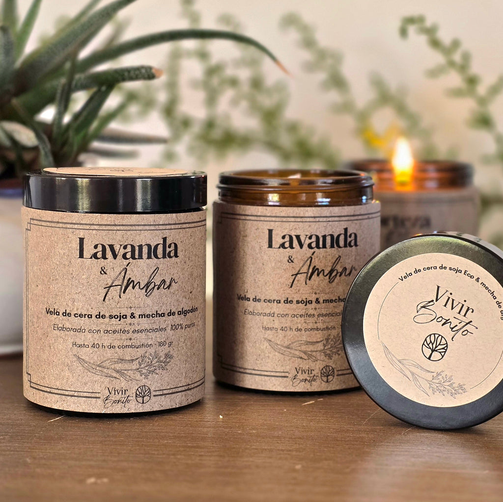 Vela de soja Eco · Lavanda & Ámbar · 180g
