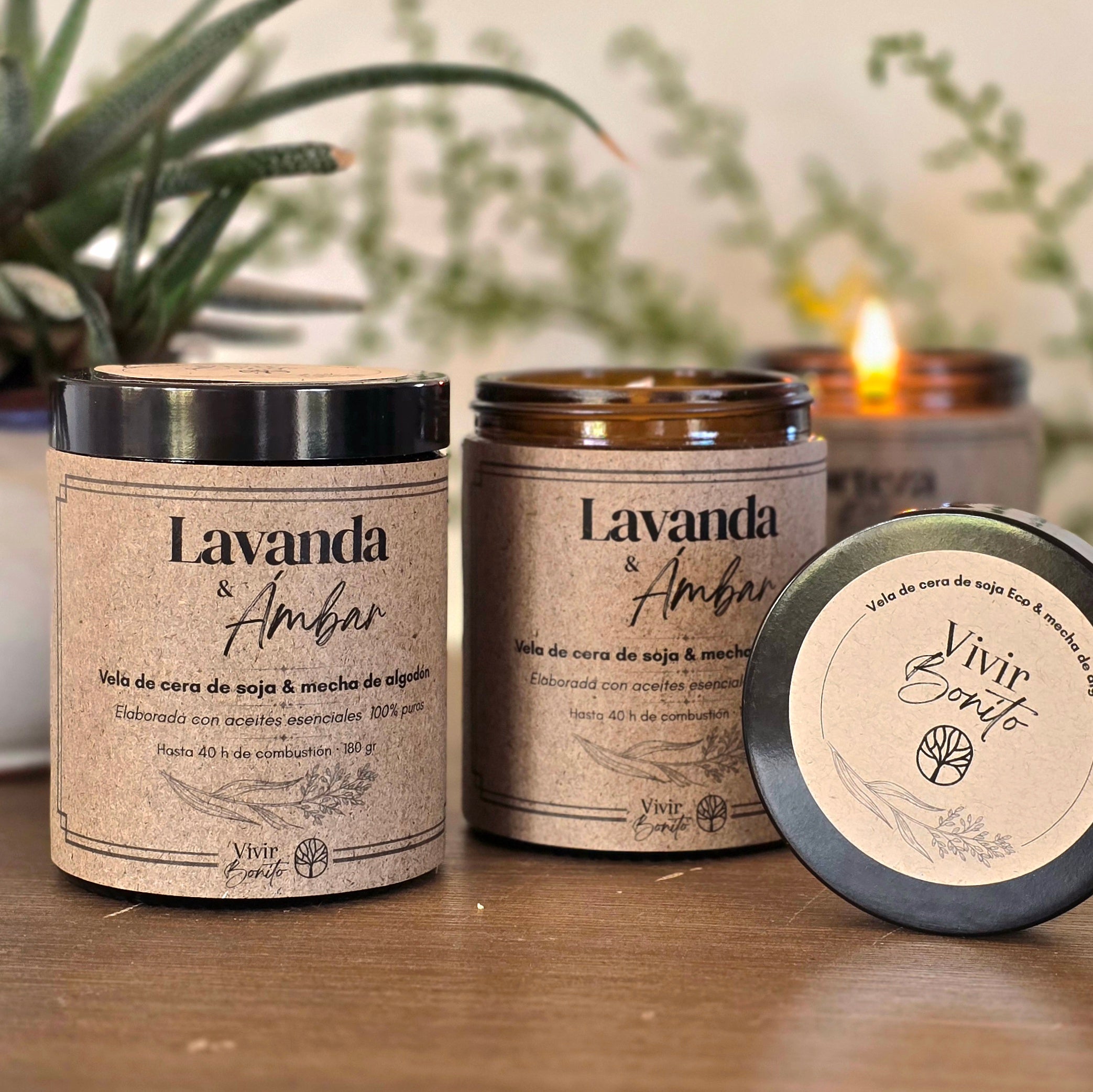 Vela de soja Eco · Lavanda & Ámbar · 180g
